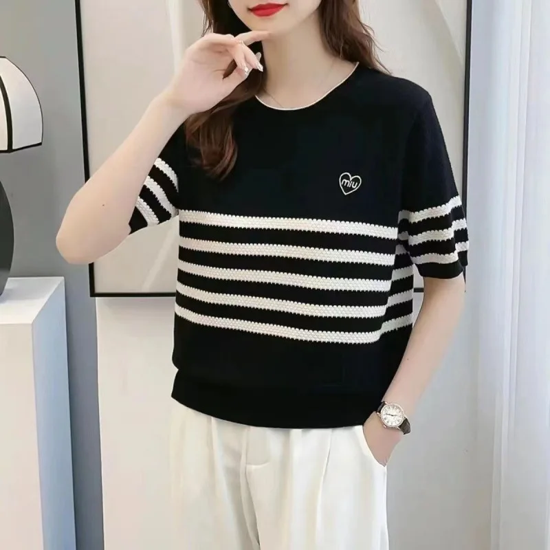 

2025 Summer New Korean Version of Loose Thin Striped Bottom Top Women's Casual Pullover Short Sleeve Sweater