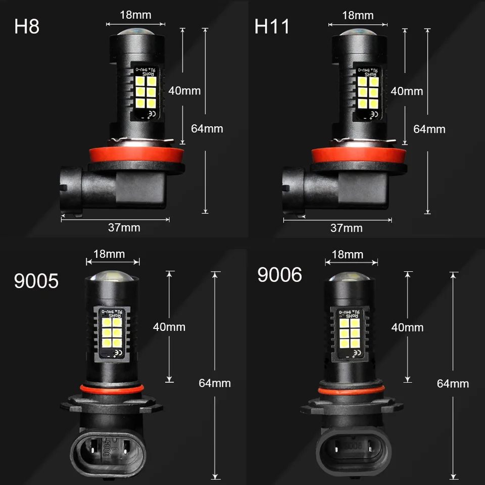 2Pcs H8 H11 Led HB4 9006 HB3 9005 Fog Lights Bulb 3030SMD 1200LM