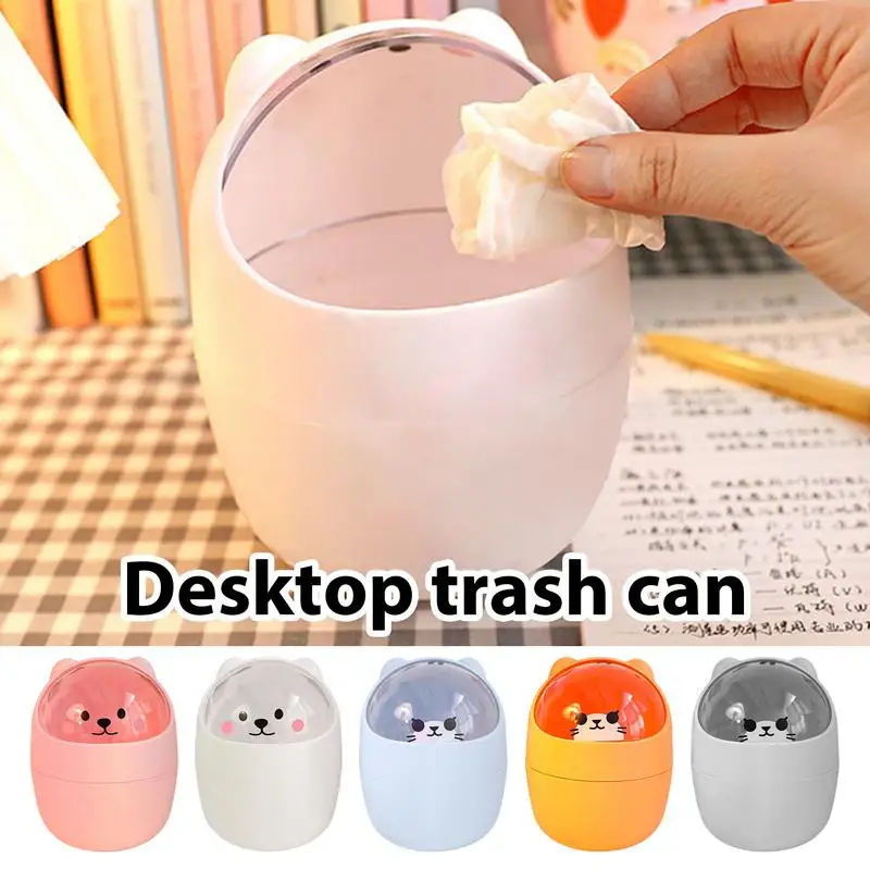 Cute Desktop Trash Can Animal Design Tiny Tabletop Wastebasket Funny With Shake Lid Decorative Desktop Trash Can With Lid