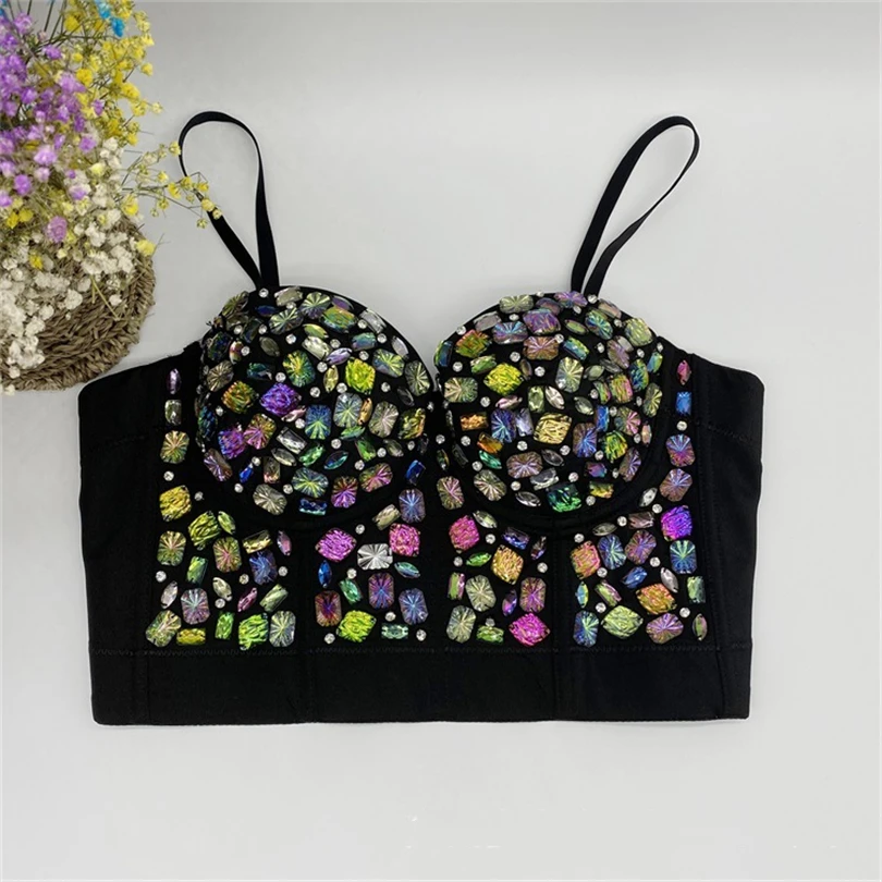 

Summer Camisole Women Nightclub Party Sexy Tanks Black Full Acrylic Diamond Decoration Backless Cropped Top Knitted Bra Vest