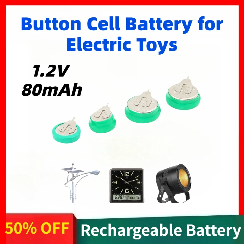 20PCS 1.2V 80mAh Ni-MH Replaceable Batteries Coin Cell with Solder Pins Rechargeable Button Cell Battery for Electric Toys