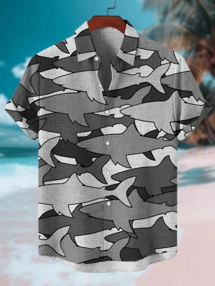

Men's Shark Camouflage Print Short Sleeve Shirt Casual Loose Hot Sale Lapel Collar Comfortable Breathable Tops Hawaiian Holiday