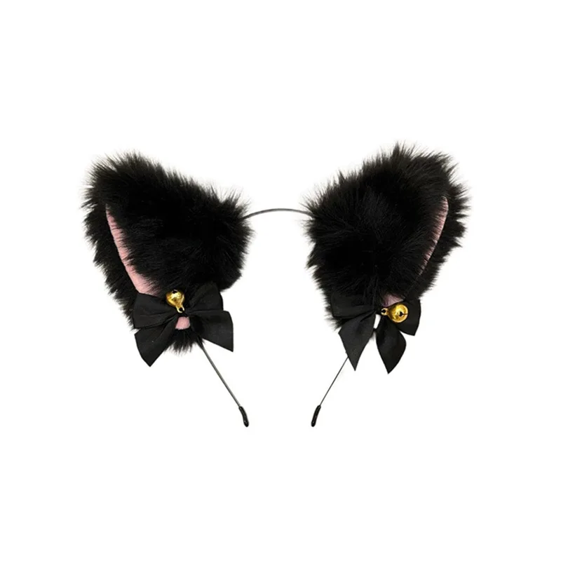 Black Cat Ear Headband with Necklace Girl Plush Furry Cat Ear Hair Band for Girl Women Adult Cosplay Party Fancy Dress Halloween