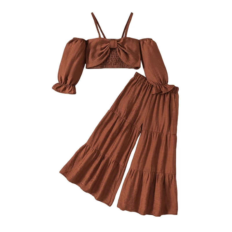 Kids Girl Fall Clothing Solid Color Spaghetti Strap Long Sleeve Off Shoulder Tops Flare Pants 2Pcs Children's Sets