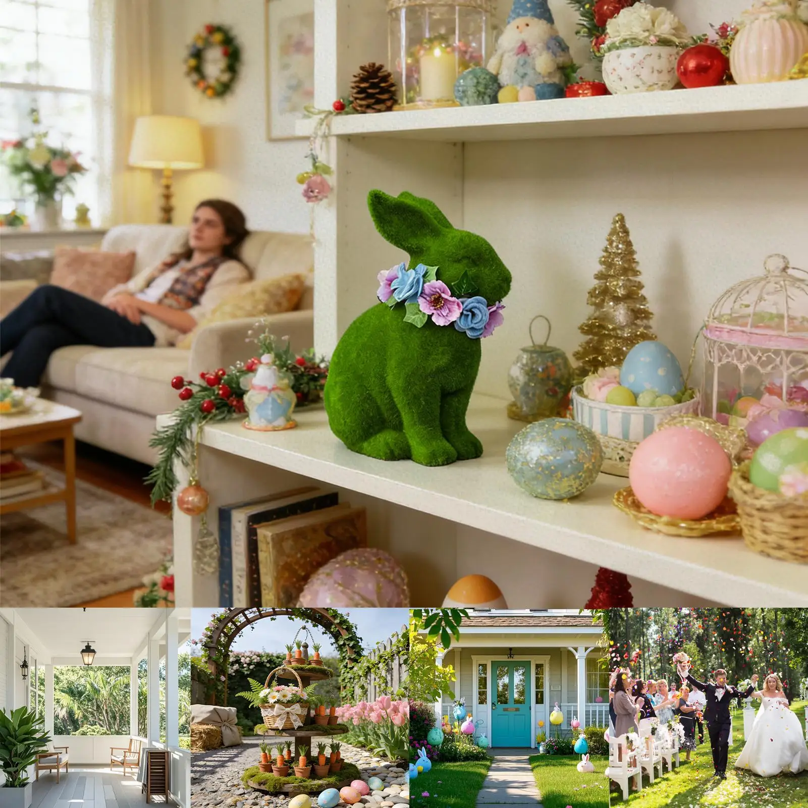 Easter Bunny Statue 3D Green Resin Holiday Supplies Wearing A Floral Wreath Easter Bunny Garden Decor For Yard Garden Lawn Porch