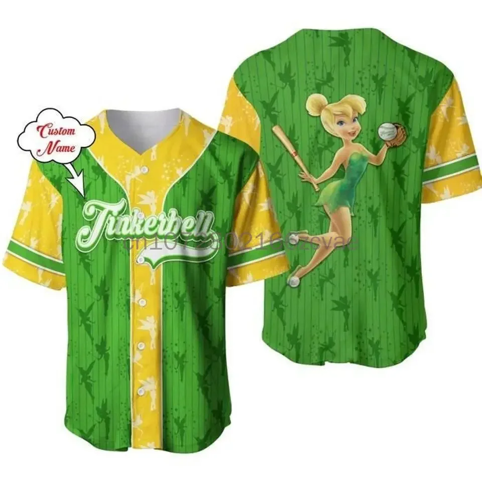 Custom Name Disney Tinker Bell Baseball Jersey Streetwear Fashion Summer Men's And Women's Short Sleeved Baseball shirt