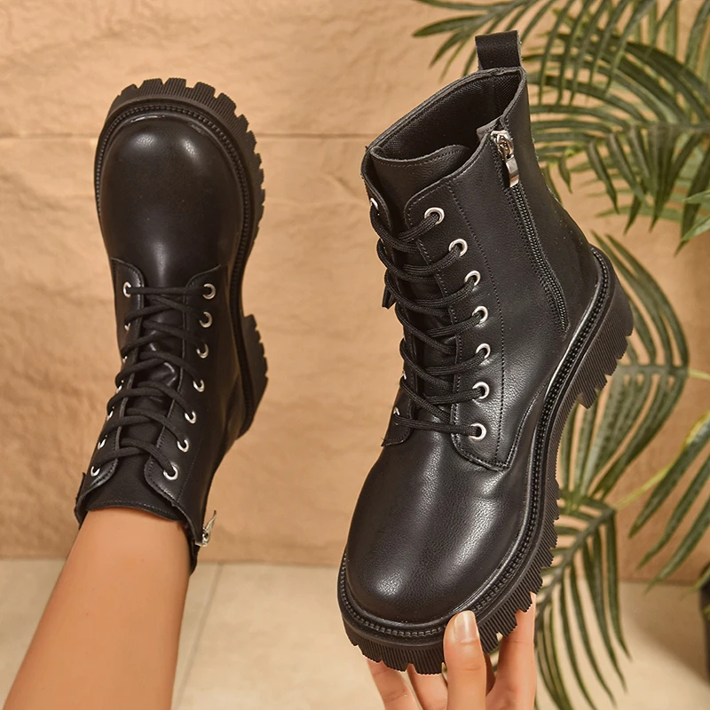 أسود بولي Leather الجلود دراجة نارية أحذية النساء 2025 أزياء من الدانتل حتى منصة حذاء من الجلد امرأة حجم كبير 42 سستة القوطية الأحذية الإناث #2