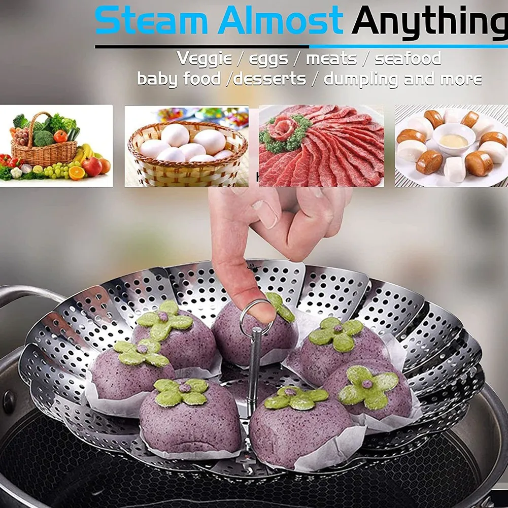 A67K-Folding Dish Steam Stainless Steel Food Basket Mesh Vegetable Vapor Cooker Steamer Expandable Kitchen Tool Steamer