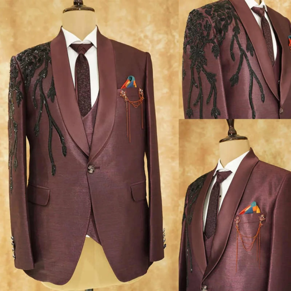 

High End Men Suit 2 Pieces Jacket Pants Appliques Slim Fit Single Breasted Shawl Lapel Wedding Groom Tuxedos Ropa hombre