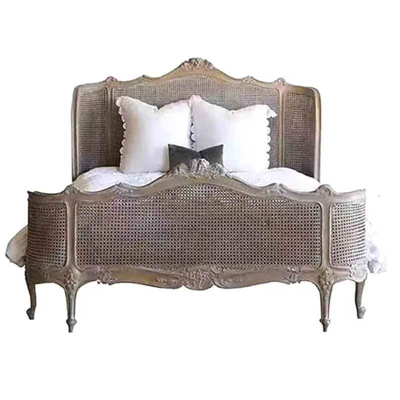High Quality French Antiqued Carved Wooden Queen King Size Wicker Beds Frame