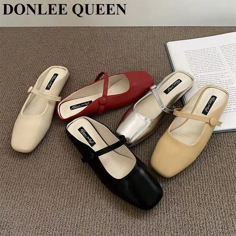 New Brand Slippers Women Square Toe Slip On Mules Shoes Fashion Mary Janes Flats Heel Ladies Slides Female Spring Loafers  Mujer