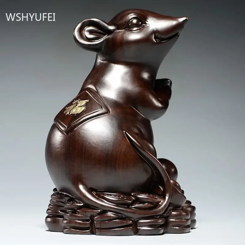 Hand-carved Solid Wood Mouse Sculpture Small Ornaments Feng Shui Crafts Give Gifts Living Room Office Desktop Decorations