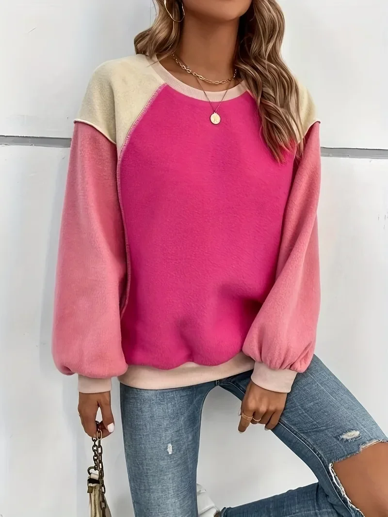 Plus Size Casual Top Women\'s Plus Colorblock Stitching Fleece Long Sleeve Round Neck Slight Stretch Loose Fit Top