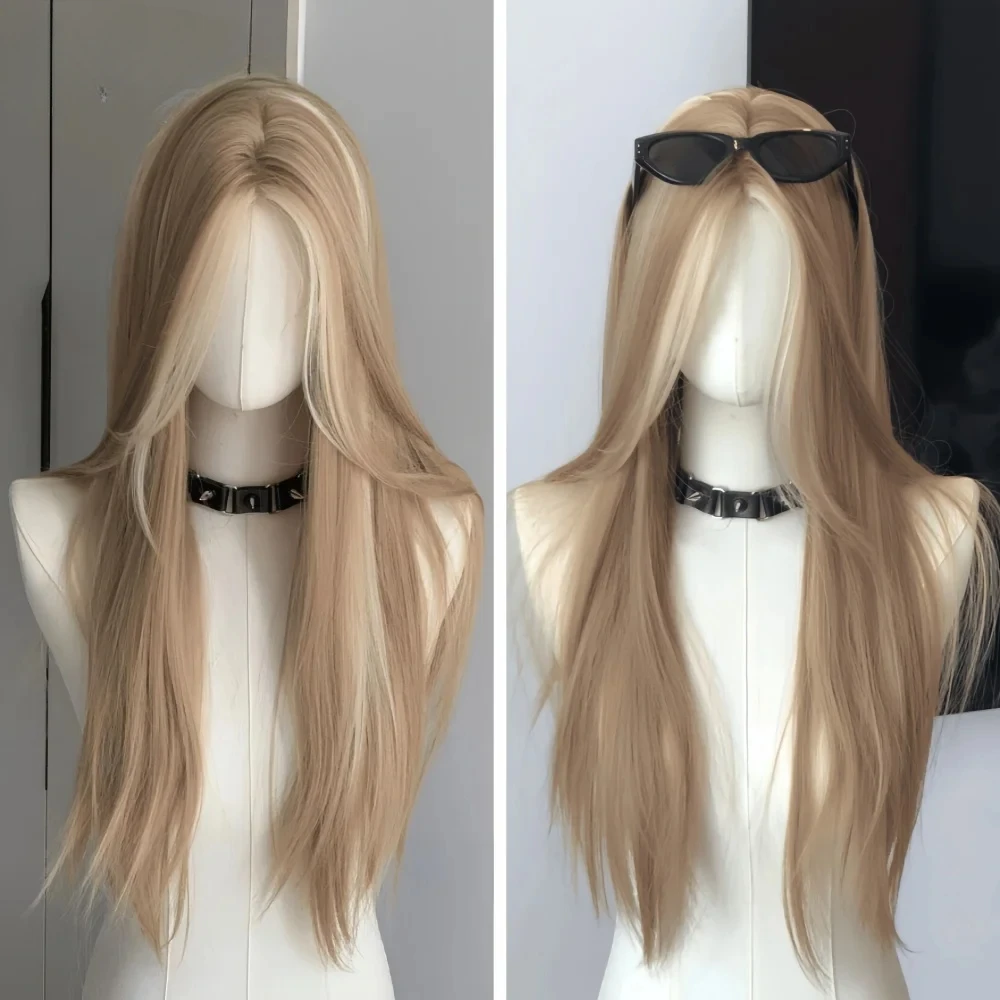 

Long Straight Blonde Brown Ombre Wig for Women Lace Front Synthetic Hair Peluca for Daily Use Cosplay Asian American Blonde Wig