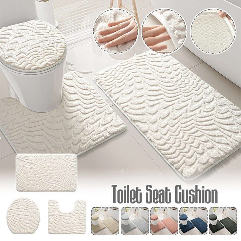 

3pc Bathroom Set Rug Mat Toilet Lid Cover Plain Solid Color Bathmats Rugs Kit Non-Slip Fluffy/tufting Home Carpets U-shape Mats