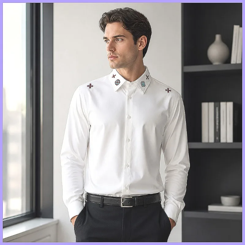 UETEEY Men's Embroidered Business Dress Shirt Long Sleeve Formal Stage Party Banquet Performer Singer Tuxedo Suit Shirt Slim Fit