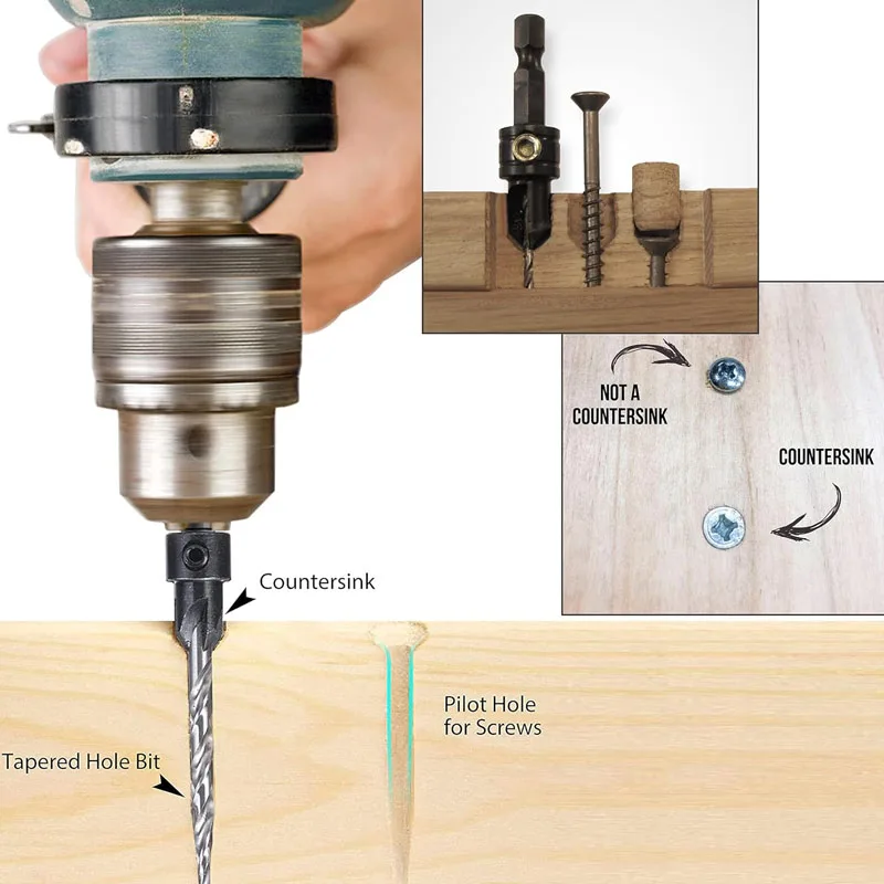 Tapered Drill Bits Counter Sinker Set Countersink Drill Bit 1/4" Hex Shank with Tapered Point Pilot Drill for Woodworking