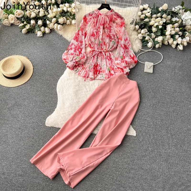 Summer 2 Piece Sets Womens Outfits Slim Waist Pleated Floral Blouse High Waist Straight Wide Leg Pants Suit Chic Temperament Set