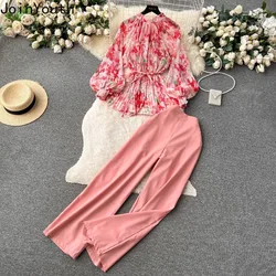 Summer 2 Piece Sets Womens Outfits Slim Waist Pleated Floral Blouse High Waist Straight Wide Leg Pants Suit Chic Temperament Set