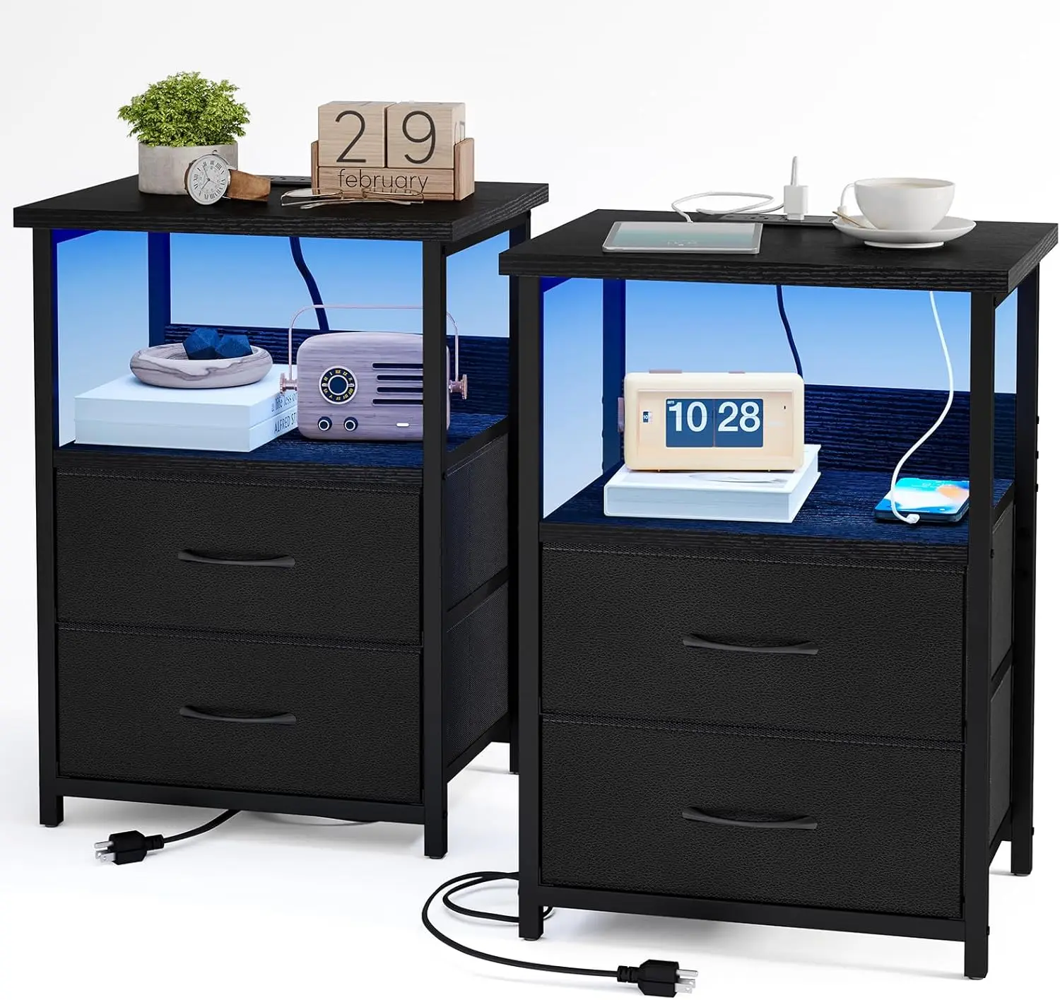 2-Piece LED Nightstand Set with Charging Station, Fabric Drawers & PU Finish, Black Bedside Table