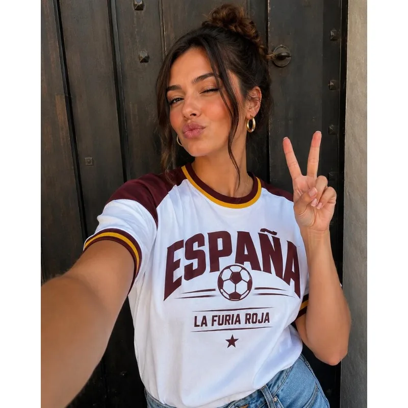 T-shirt de football raglan pour femme, collection « La Furia Roja », style décontracté et respirant, idéal pour les fans d'Espagne, streetwear, tenue quotidienne