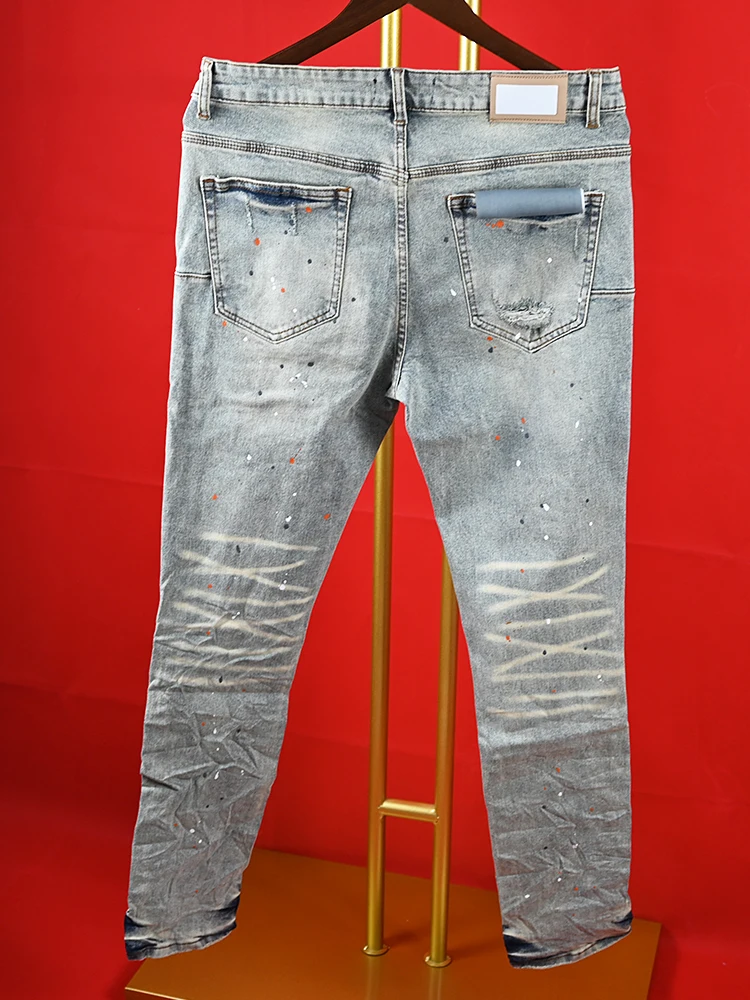 2024 Purple Roca brand Jeans High Street Vintage Spotted Indigo Coated Mid Rise Slim Jeans Snow Wash High Quality Pants