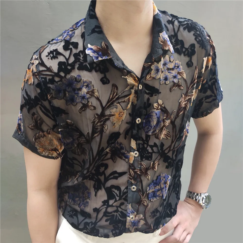 Summer Transparent Color Floral Shirt Masculine Soft Velvet Slim-fit Men Clothing Nightclub Short-sleeved Sexy Shirt See Through