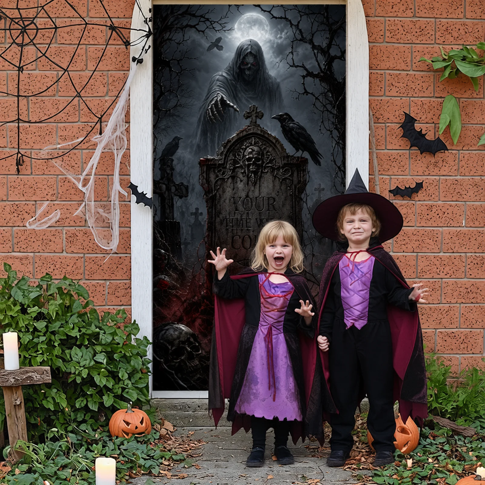 Pancarta de cementerio con estética de terror, pancarta de Halloween con temática de cementerio, pancarta de la Mano de Fátima para fotos de Halloween