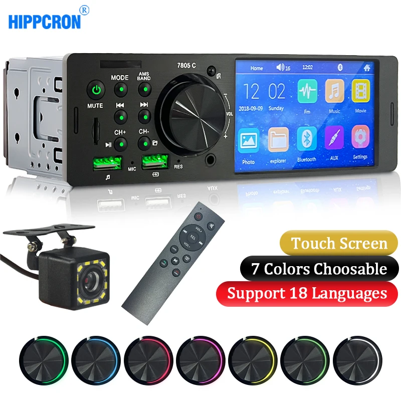 Hippcron Car Radio 1 din 4.1” Touch Screen Bluetooth Stereo Mp5 Player FM Receiver With Colorful Light Remote Control AUX/USB/TF