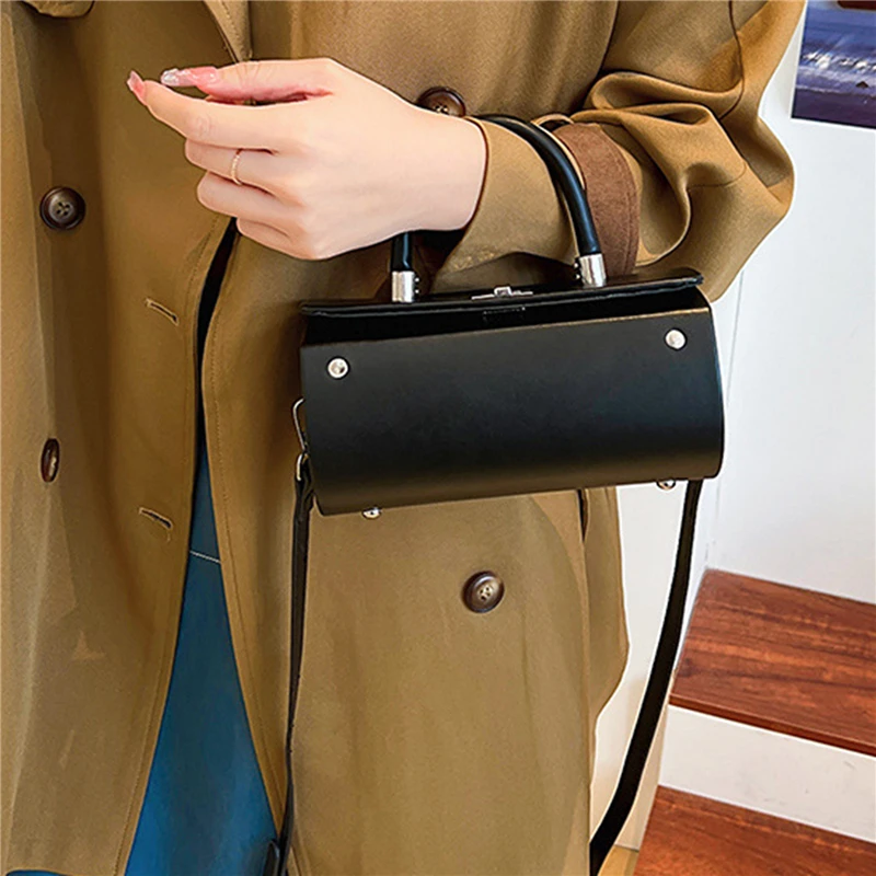 Cylindrical Handbags For Women 2023 New Casual Solid Color Shoulder Bags Simple Messenger Bags Solid Color Vintage Square Bags