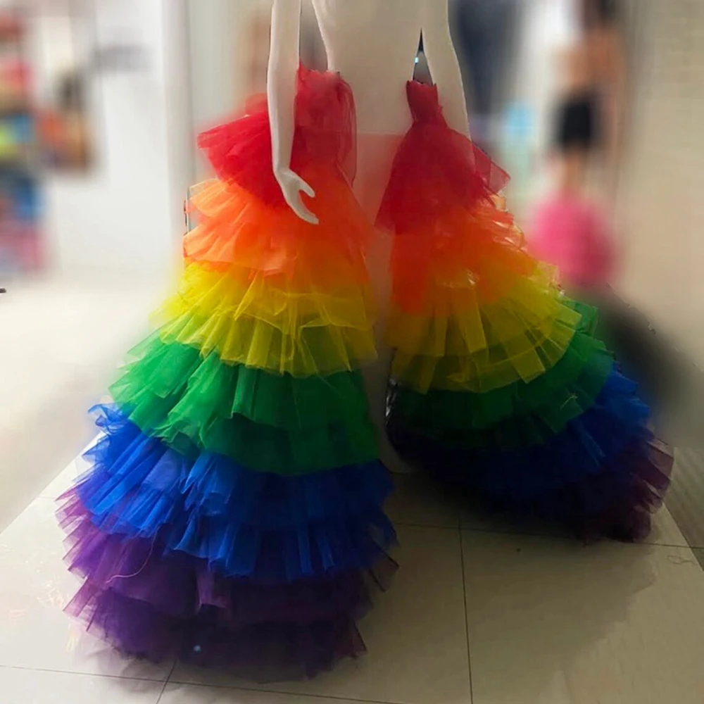 

Pretty Rainbow Tulle Party Skirts Open Front Ruffles Tiered Mesh Overlay Women Skirt Very Puffy Long Prom Skirts Customize