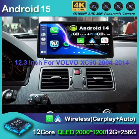 12.3인치 안드로이드 15 볼보 XC90 2004-2014용 카 라디오 멀티미디어 비디오 플레이어 GPS 네비게이션 5G 와이파이 CarPlay 자동 360 카메라