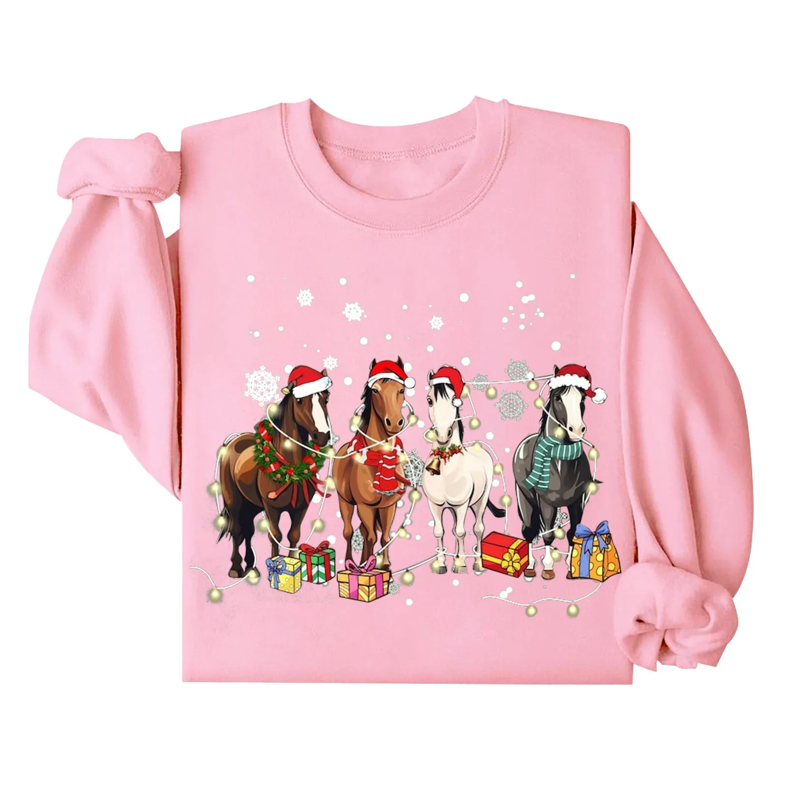 Horses Merry Christmas Funny Pattern Hoodies Women Horse Lover For Xmas Pullover Normal Loose Tops Ladies Cute Animal Sweatshirt