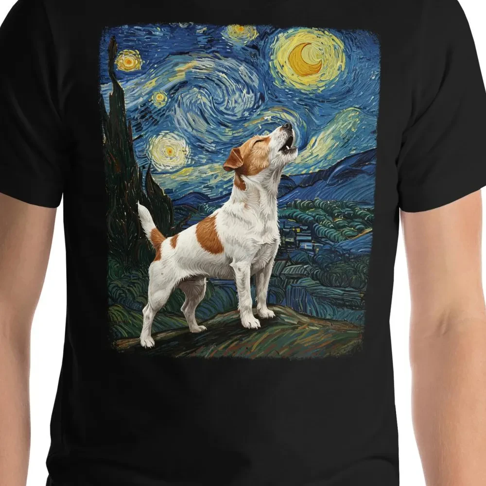 

New Jack Russell Dog Howling At Moon Starry Night Van Gogh Funny T-Shirt Graphic T Shirts Retro Streetwear High-quality Men Tee