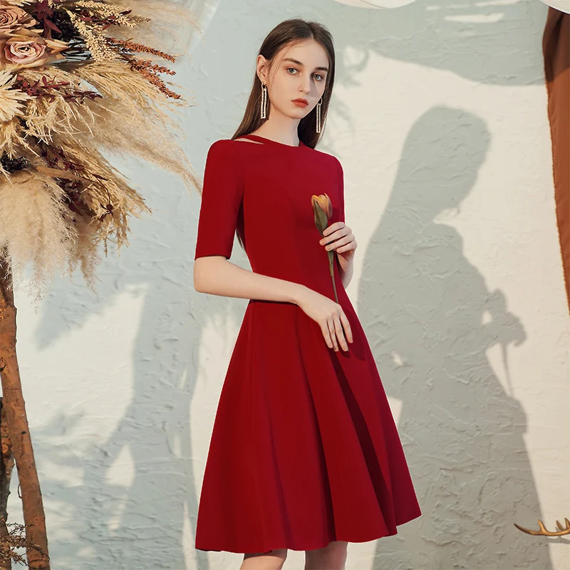 

Ele Red Wedding Dr Fem Version Engagement Par Wear ort Sve A-Line Skirt Dr Suitable for Daily Wear