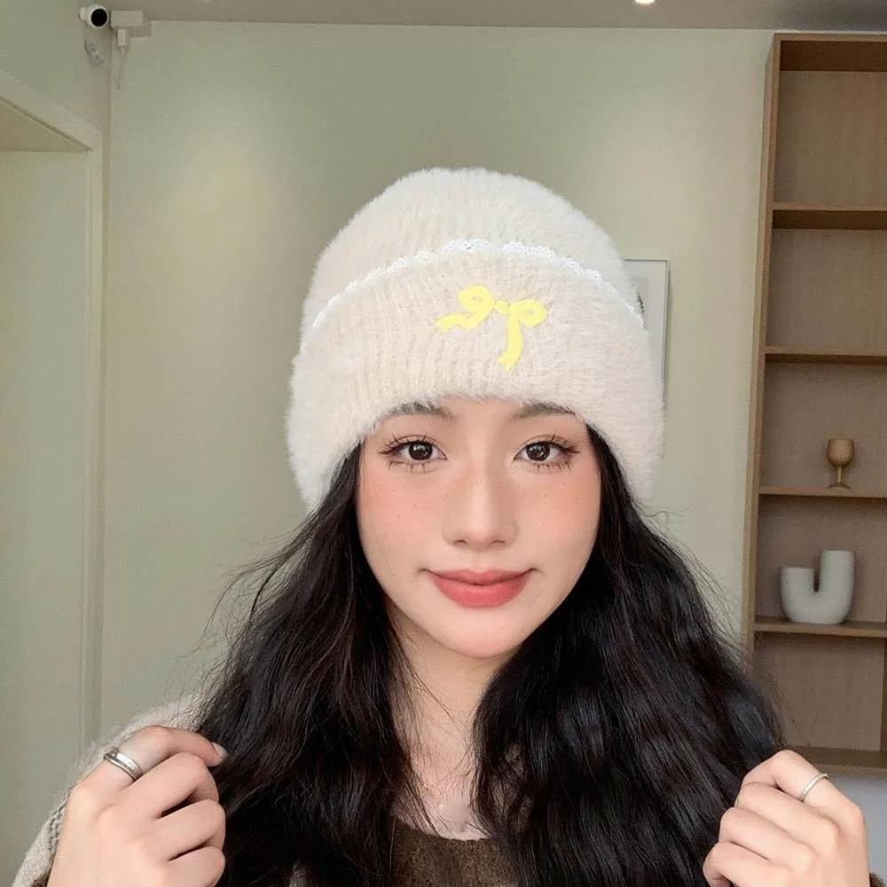 

Cute Solid Color Bow Beanies Lace Edge Keep Warm Knitted Pullover Hat Korean Style Wool Ear Protection Cap Autumn/Winter