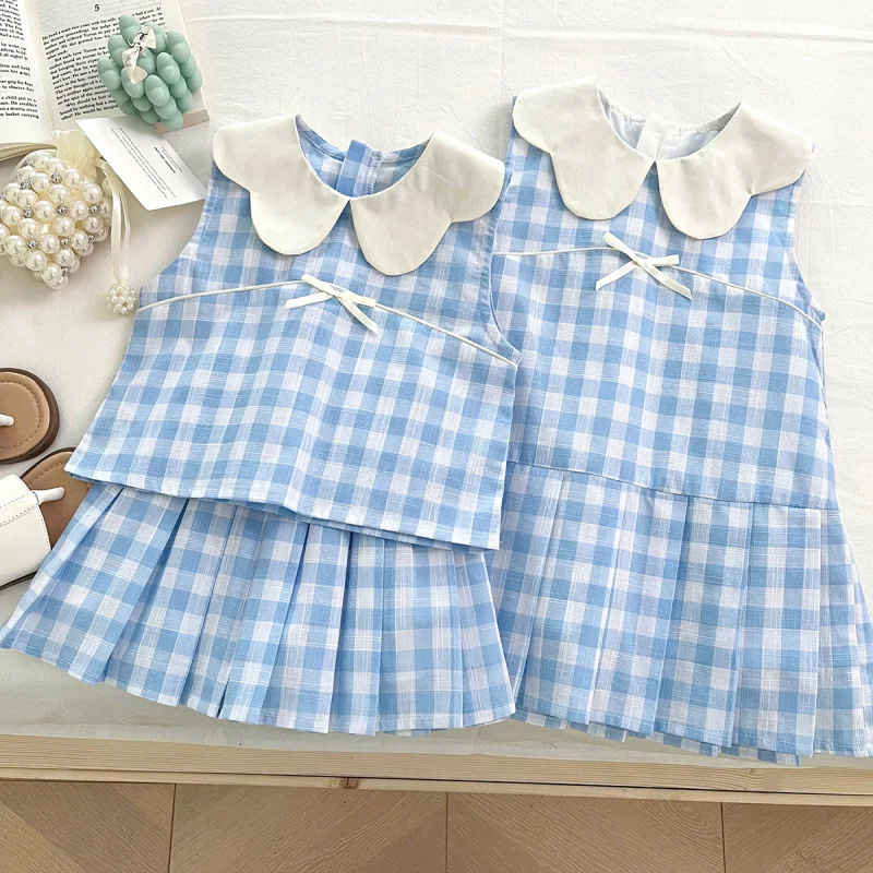 

2025New Summer Sister Outfits Korean Style Baby Blue Plaid Sweet Cute Doll Collar Set Trendy Dress