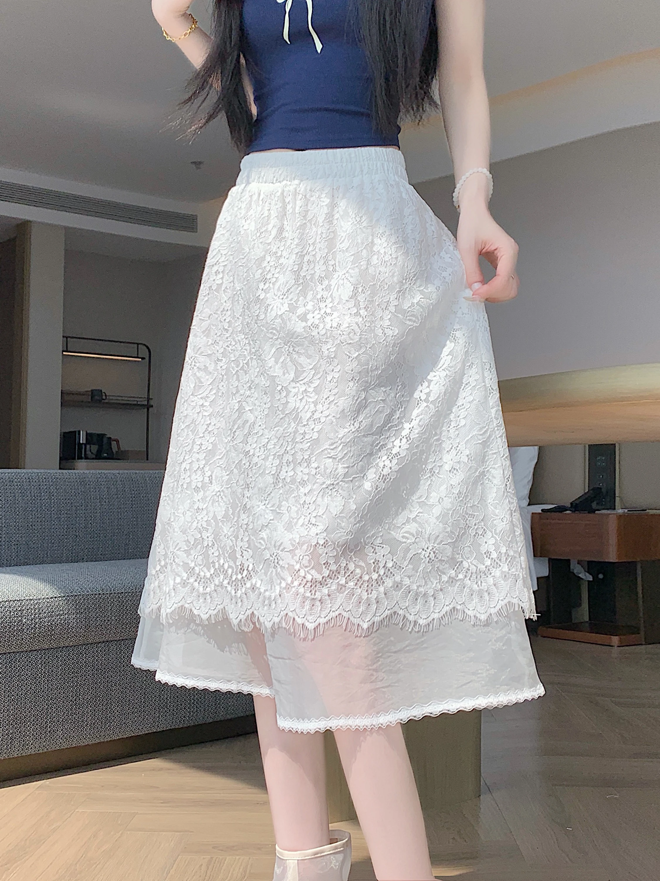 

High Waist A-Line Skirt Women's Summer New Style Lace Trim Splice Slimming Thin Versatile Elastic Waist Half Body Skirt