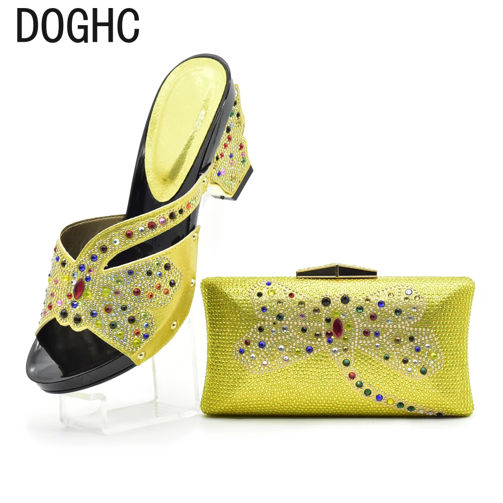 

New Yellow Color Italian Ladies Shoes and Bags To Match Set Decorated with Rhinestone Nigerian Women Wedding Shoes and Bag Sets