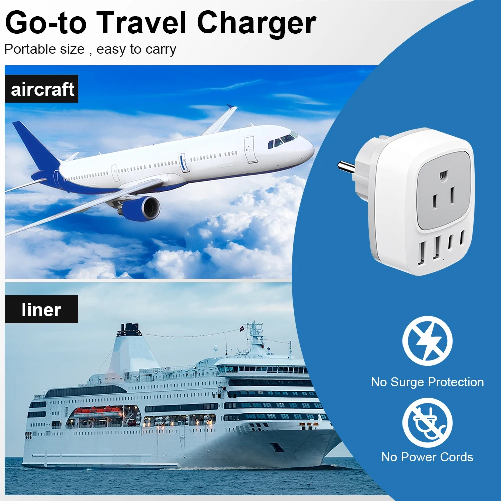 KOSHARE Travel Adapter Europe Plug Adapter USA America With 4 USB 2.4A Socket Adapter Travel Plug Power Adapter for Canada Mexic