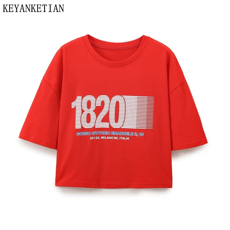 

KEYANKETIAN 2024 New Women's Letter Print T Shirt Summer Leisure style O-Neck Short Sleeve Oversize Loose Crop Top Pullover Tees