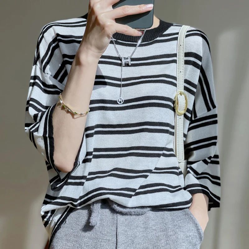 

short Knitted women's stripe worsted wool top summer new all-match and linen half sleeve cotton thread T-shirt