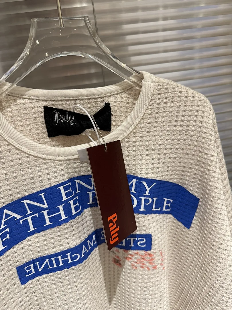 25ss Paly Waffle Knit Long Sleeve Distressed Printed T-shirt High Quality Streetwear Oversized T shirts Loose Fashion Tops Men
