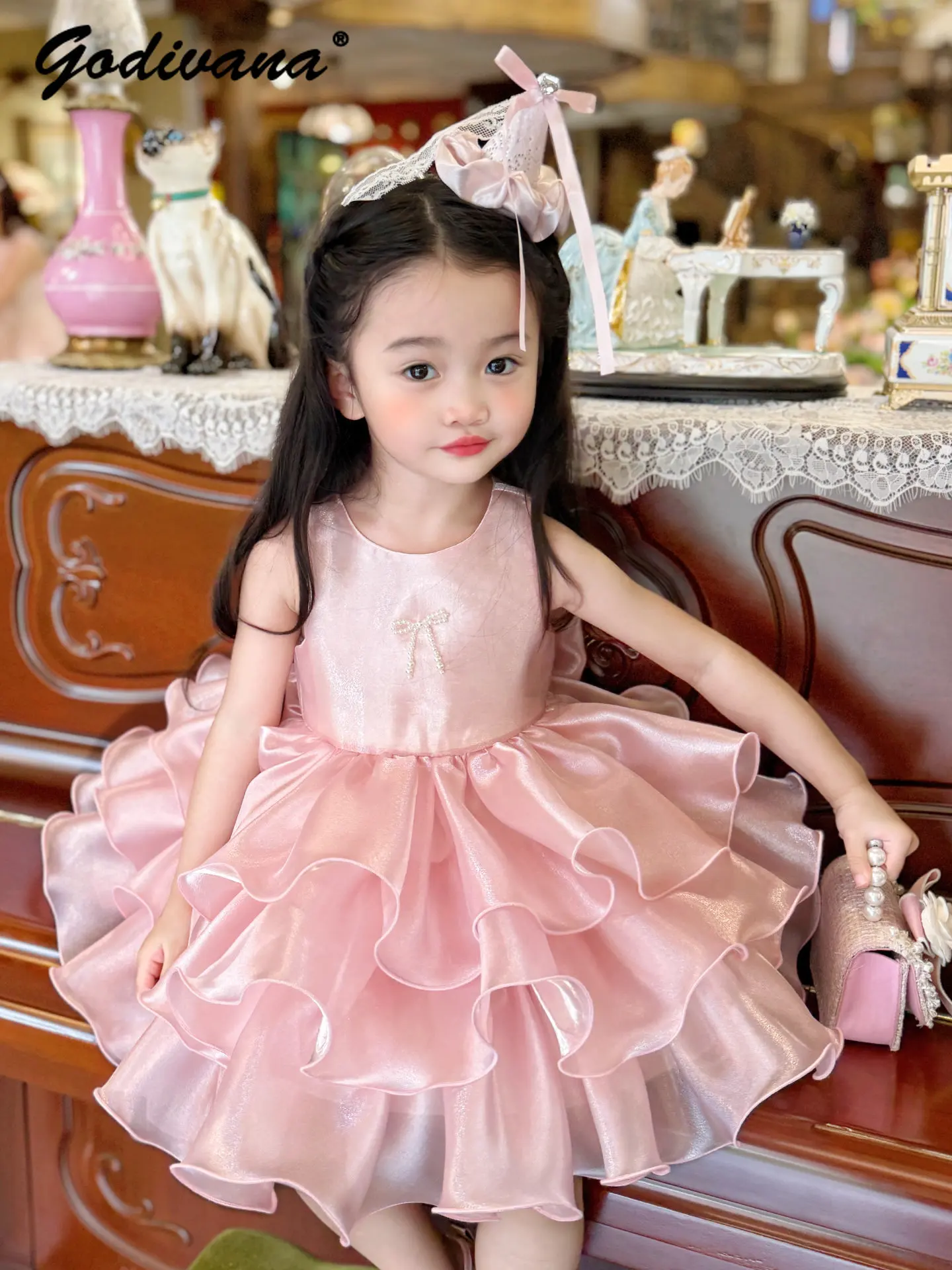 Cute Baby Girls High End Elegant Pink Princess Tutu Dress 2026 New Summer Kids Sleeveless Pearls Bow O-neck Evening Wedding Gown