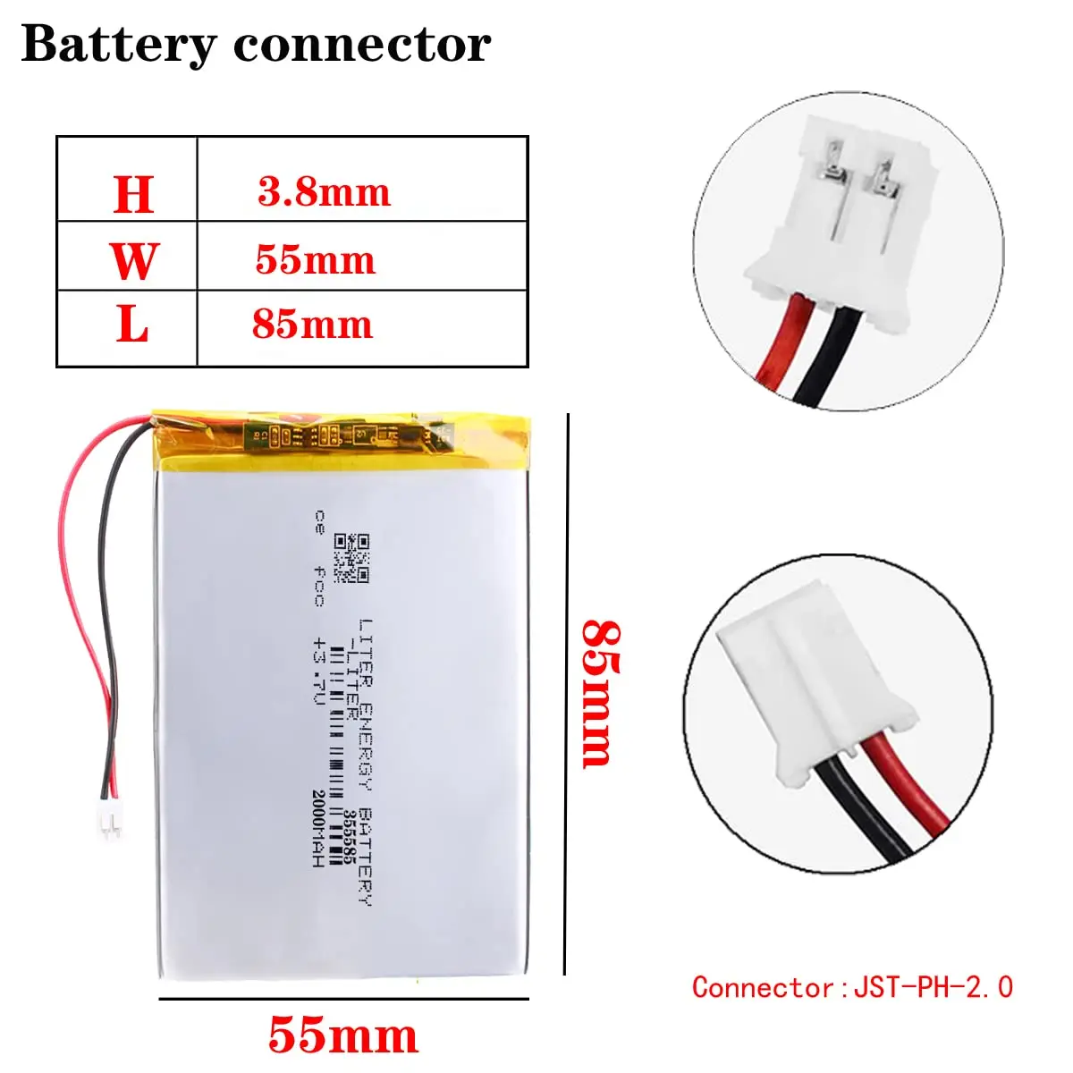 100pcs JST 2.0mm Connector 3.7V 2000mAh 355585 Lipo Battery Rechargeable Lithium Polymer ion Battery Pack with