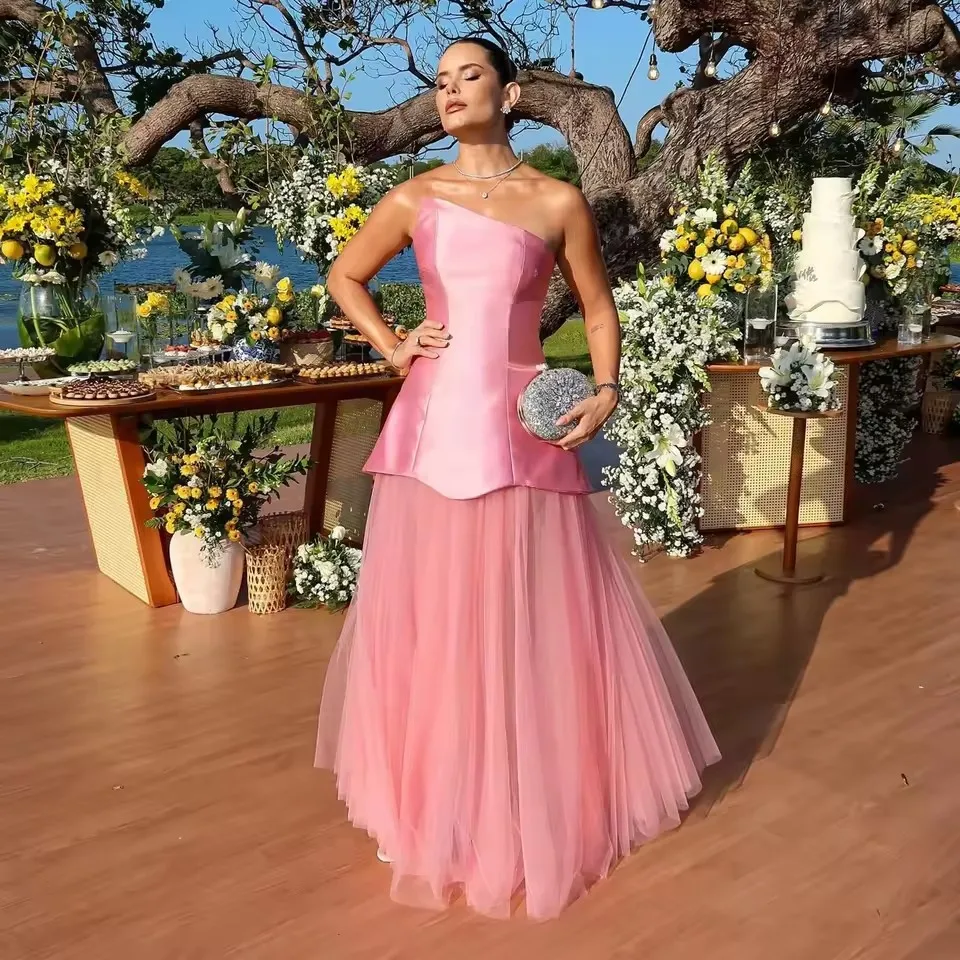 

2025 New Arabic Formal Occasion Gown Dubai Dress Strapless Silk Satin Tulle Prom Party Dresses Elegance Pink Evening Maxi Dress