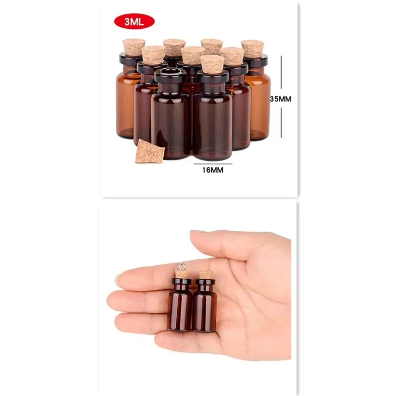 

300pcs 16*35 Brown Small 3ml Glass Bottle with Cork Wishing Bottle Drift Bottle Mini Empty Amber Glass Jar DIY Craft
