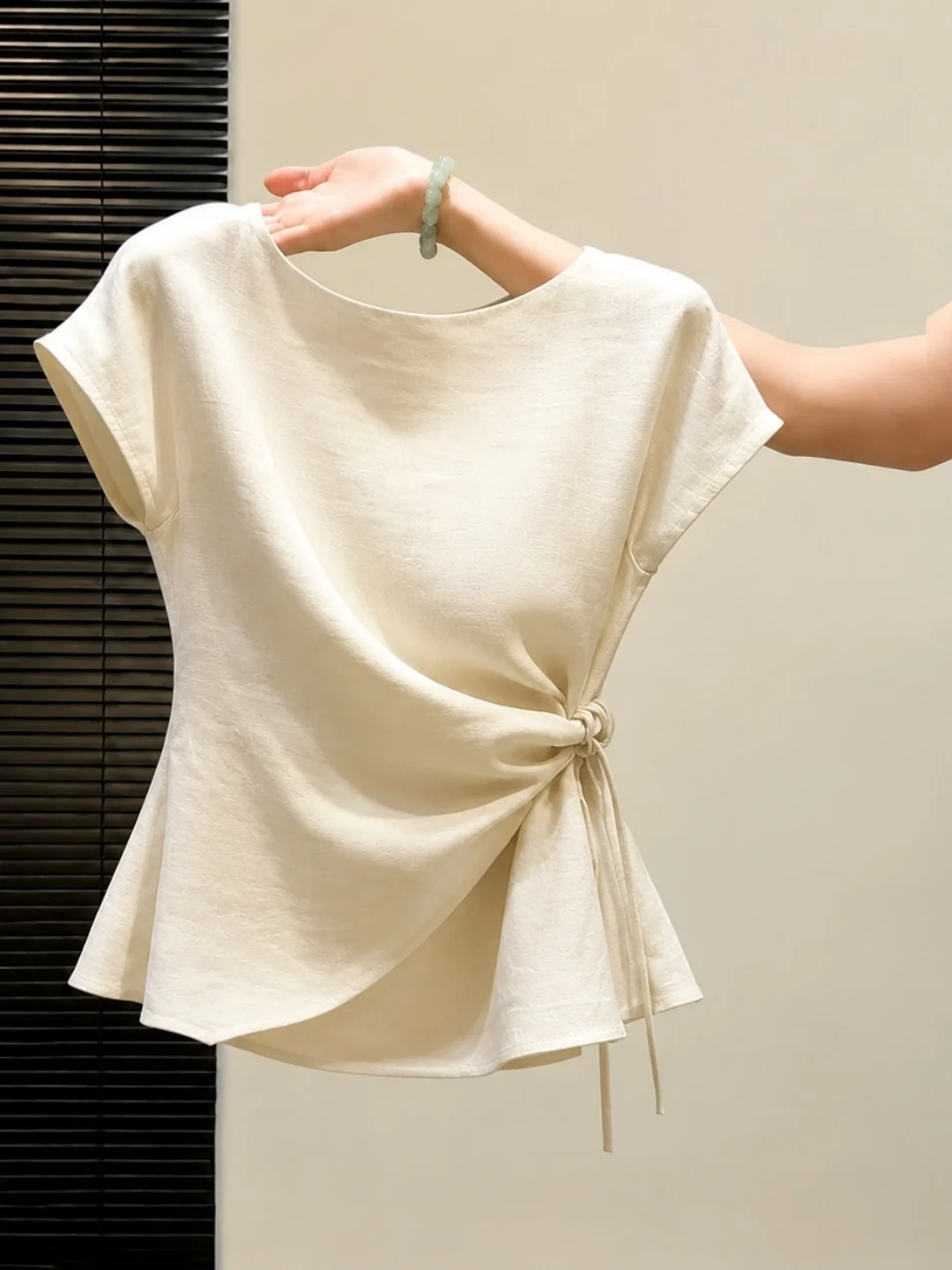 Korean Style T-Shirt Women's Slim Fit Short Sleeve round Neck Pullover Top Elegant Knot Design Summer Fashionable Casual Wear