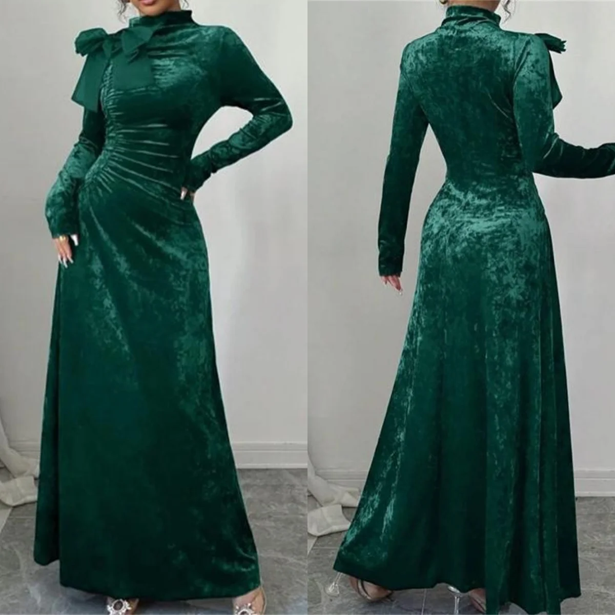 Vestido De noche De terciopelo verde Simple personalizado, elegante Vestido De fiesta De manga larga con cuello alto, Vestido De fiesta De lujo