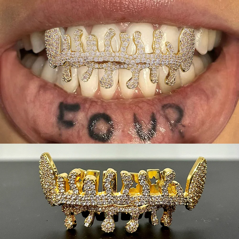 ELZ-CZ Stone Flame Teeth, Full Iced Out, Grillz Braces, Hip Hop Cubic Zunderes on Water Droplet Tooth Caps for Women and Men, Jewelry, R156